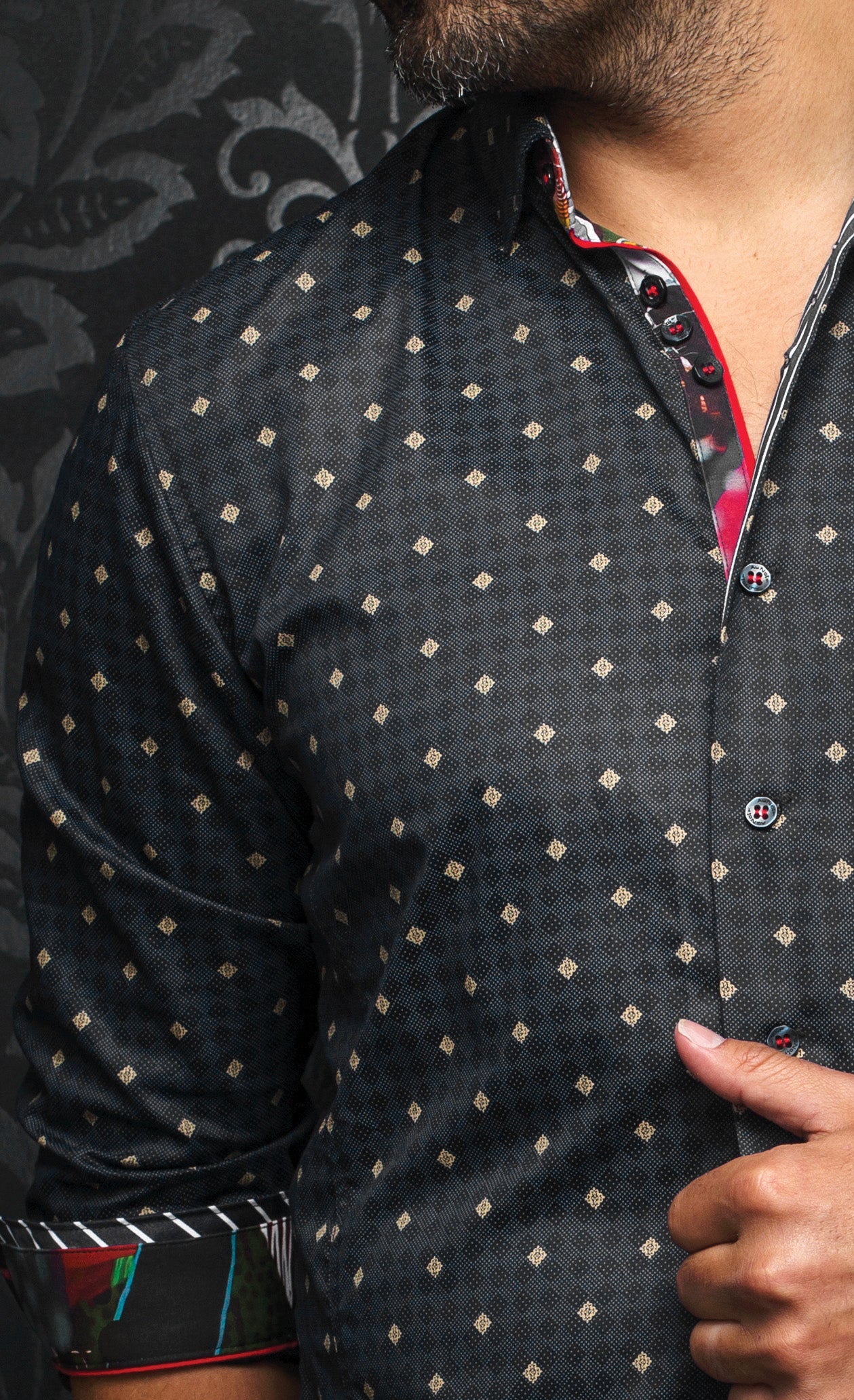 Au Noir Gianfranco Black/Gold Dress Shirt | Men's Stretch Cotton Long Sleeve ESCO CLOTHIERS Au Noir Gianfranco Black/Gold Dress Shirt | Men's Stretch Cotton Long Sleeve ESCO CLOTHIERS