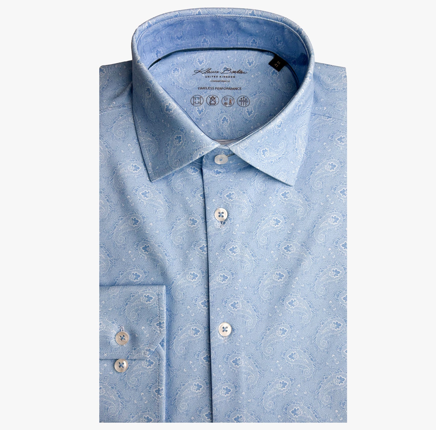 klauss boehler dress shirts Light Blue Patterned Timeless Performance Stretch Dress Shirt