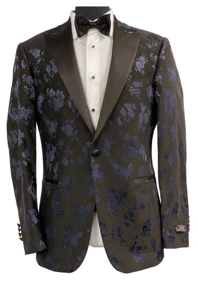 Couture 1910 Navy Floral Tapestry 1-Button Peak Lapel Ultra Slim Tuxedo  Jacket