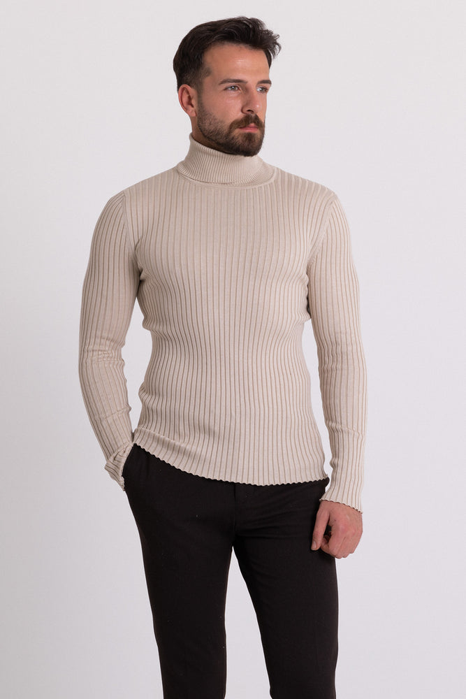 MCR MEN'S RIB TURTLENECK SWEATER- BEIGE