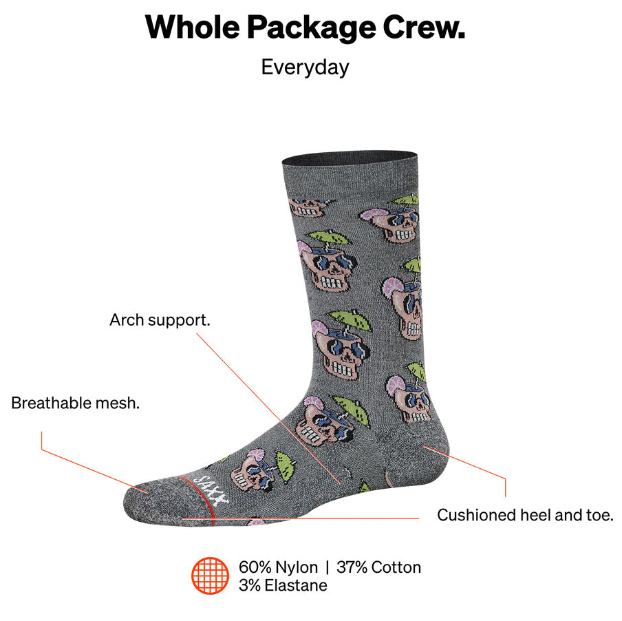 SAXX CREW SOCKS- DRUNKEN SKULLS GREY